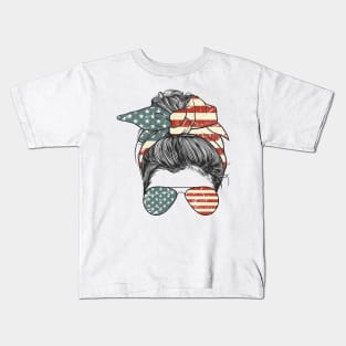 American Mom Messy Bun 4th of July Kids T-Shirt